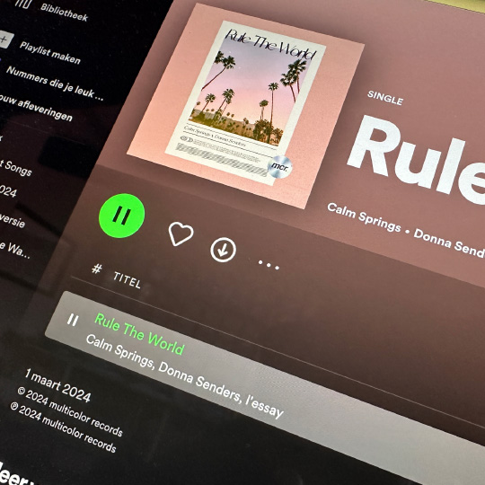 Spotify-scherm met het nummer "Rule The World" van Calm Springs, Donna Senders en l’essay, symbool voor muziek, inspiratie en creativiteit